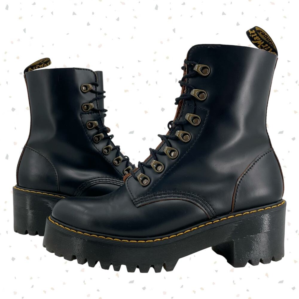 Dr. Martens Leona Black Vintage Smooth Leather Heeled Lace Up Platform Boots 9